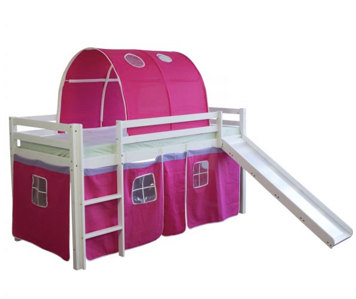 Lit Simple Blanc 90x200 en hauteur avec echelle Rideau et Tunnel Rouge et Toboggan