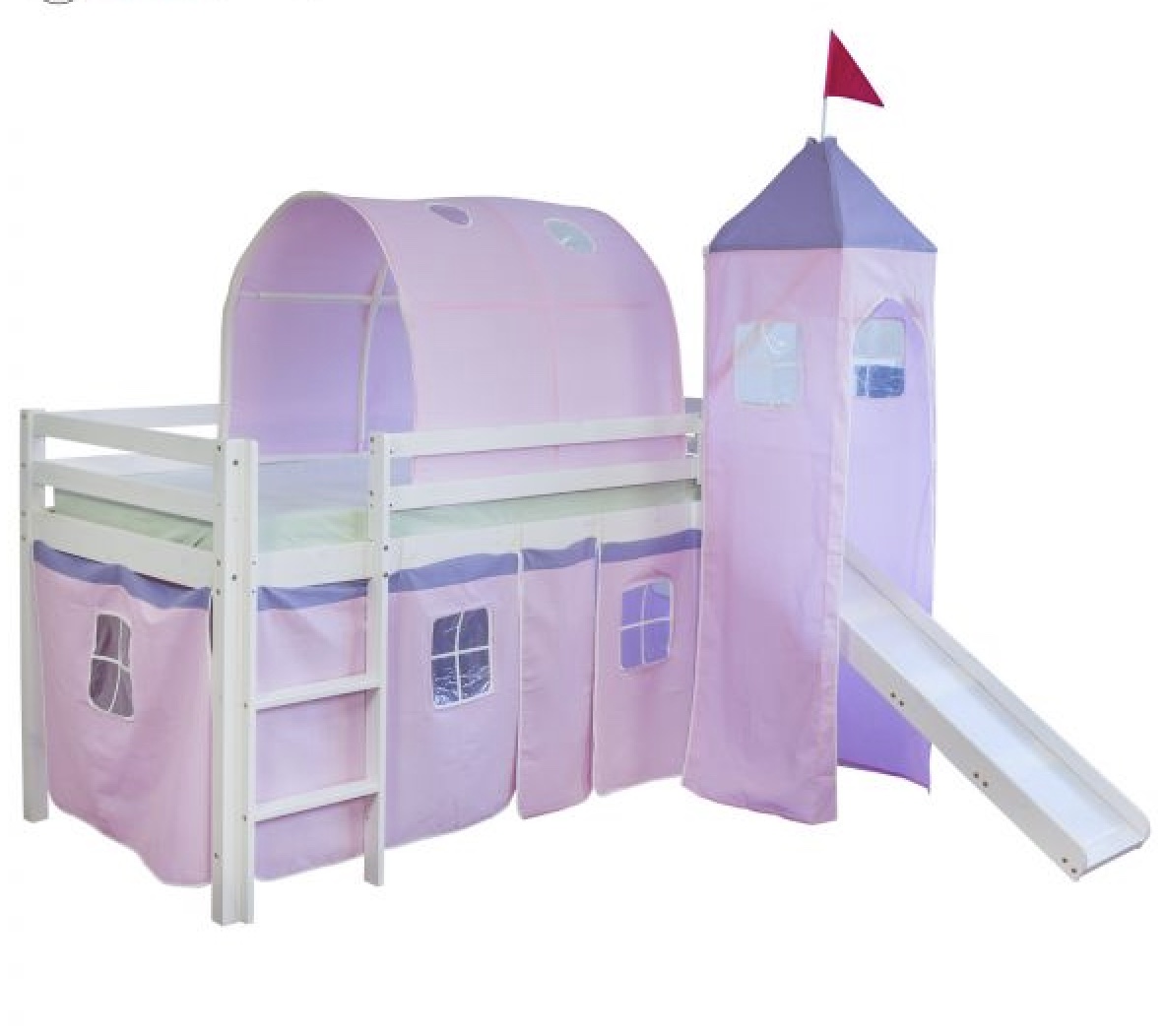 Lit Simple Blanc 90x200 en hauteur avec echelle Rideau Tour Tunnel Rose et toboggan