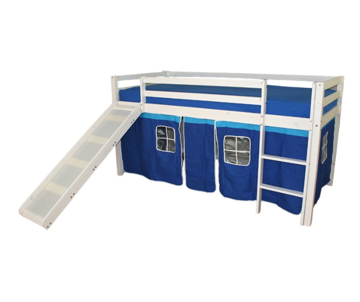 Lit Simple Blanc 90x200 en hauteur avec echelle et rideau bleu et toboggan