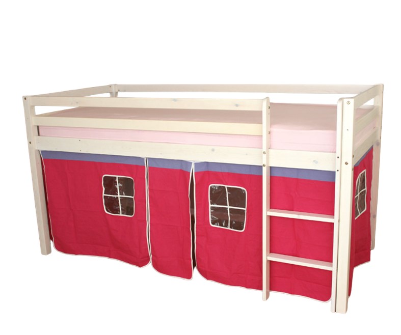 Lit Simple Blanc 90x200 en hauteur avec echelle et rideau fuchsia