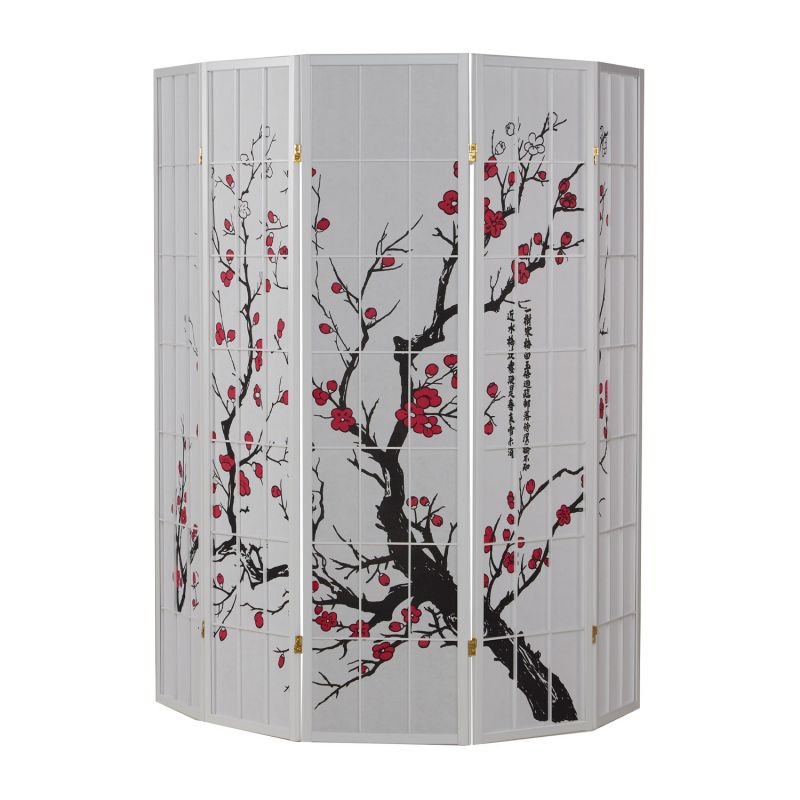Paravent bois 5 parties avec fleur de cerisier blanc