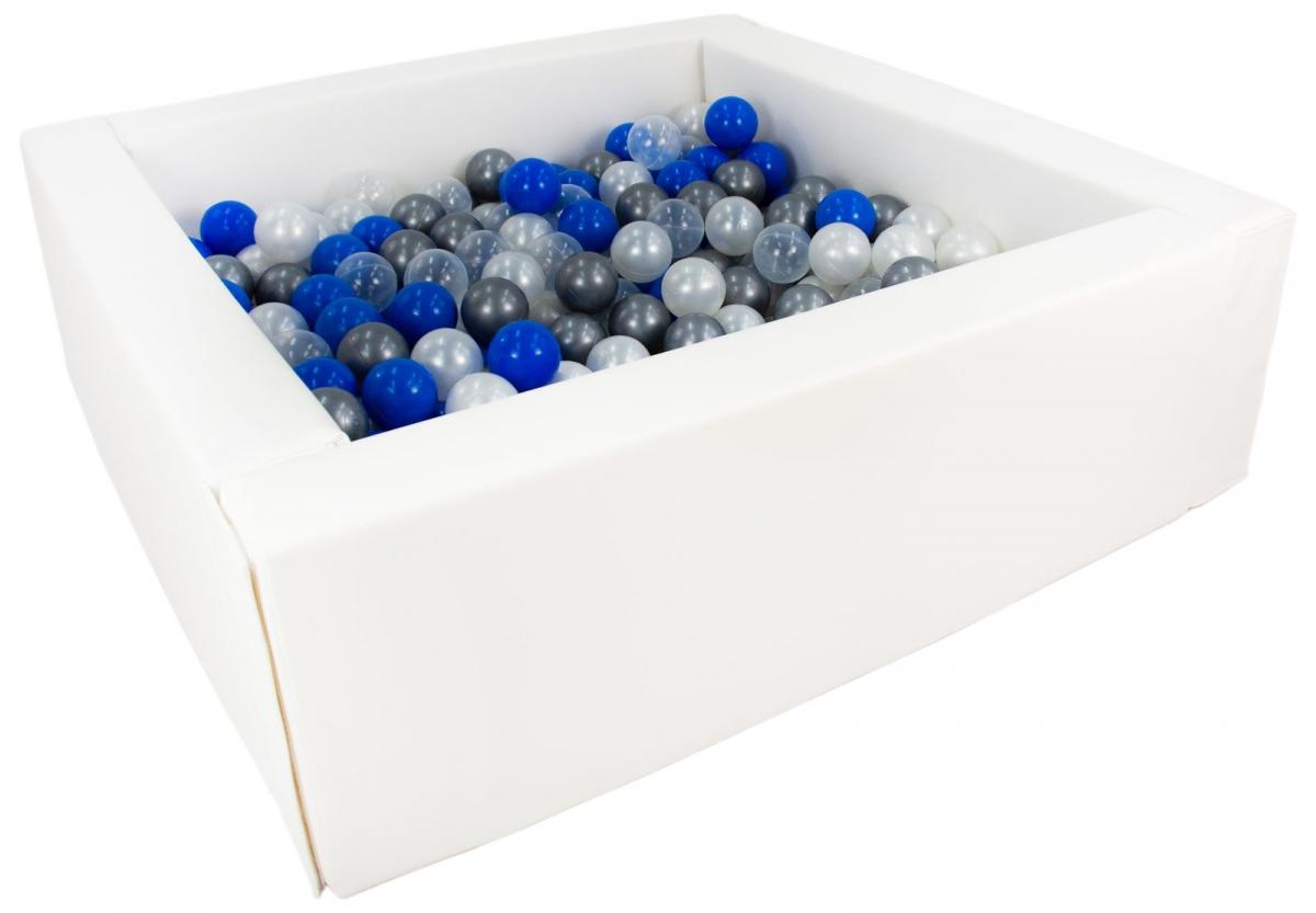 Piscine à balles carrée avec 300 balles - blanc/perle, transparent, bleu, argent