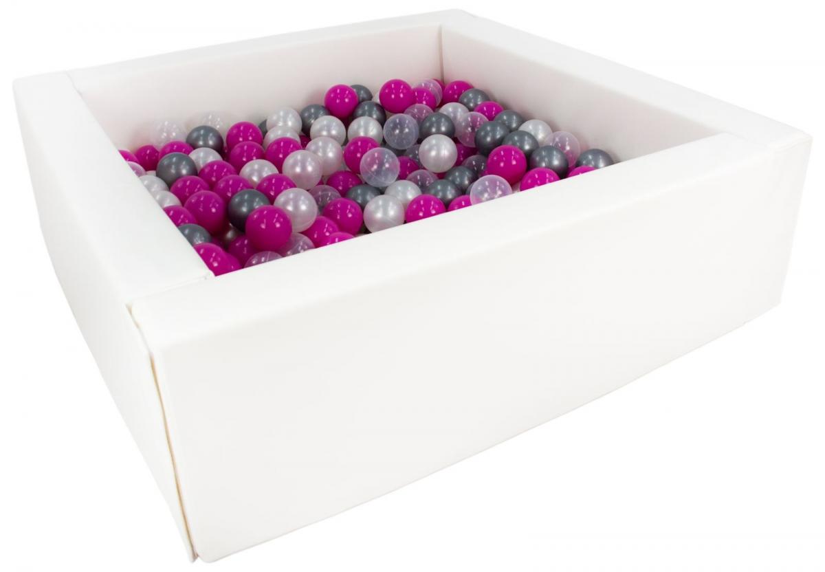 Piscine à balles carrée avec 300 balles - blanc/perle, transparent, rose, argent