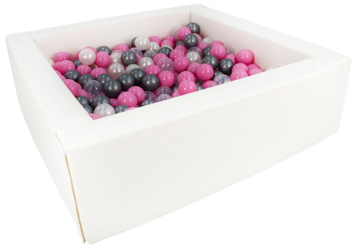 Piscine à balles carrée avec 300 balles - blanc/perle, transparent, rose clair, argent