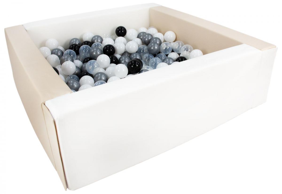 Piscine à balles carrée avec 300 balles - blanc, cappuccino/noir, blanc, transparent, argent