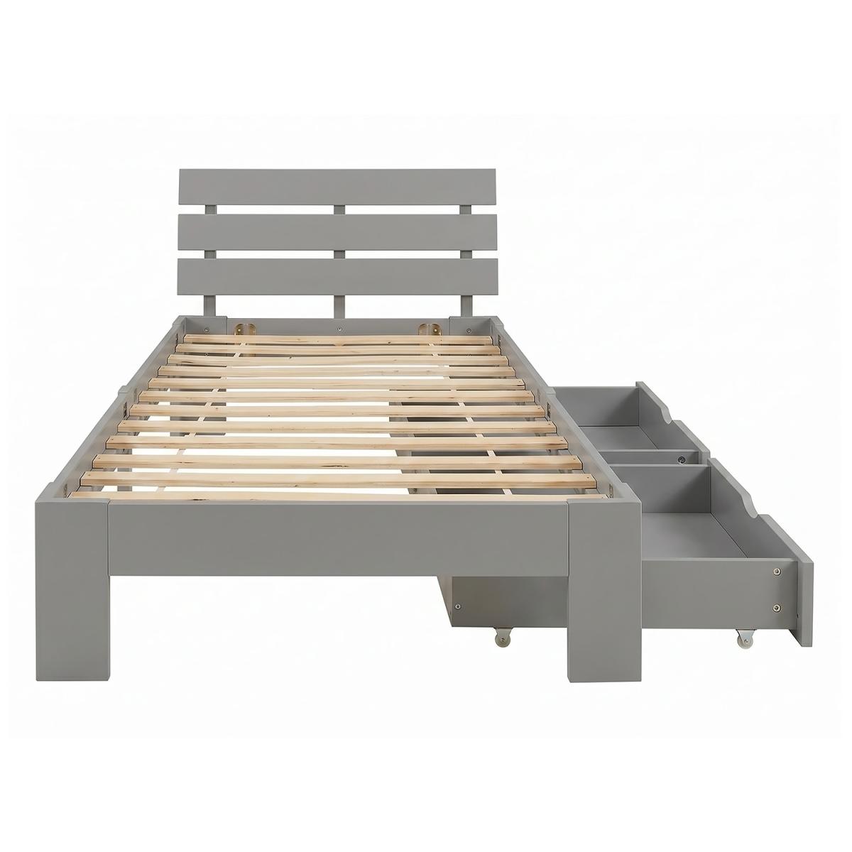 Lit simple 90x200 cm gris en pin massif, 2 tiroirs de rangement et sommier a lattes