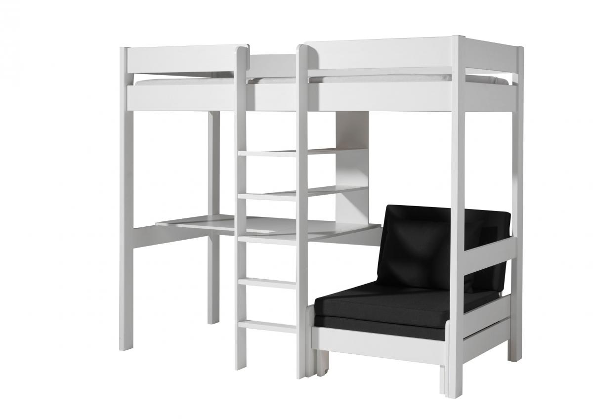 Pino-Combinaison lit Mezzanine Avec Fauteuil Blanc et Un Matelas Basic Cool 10x90x200