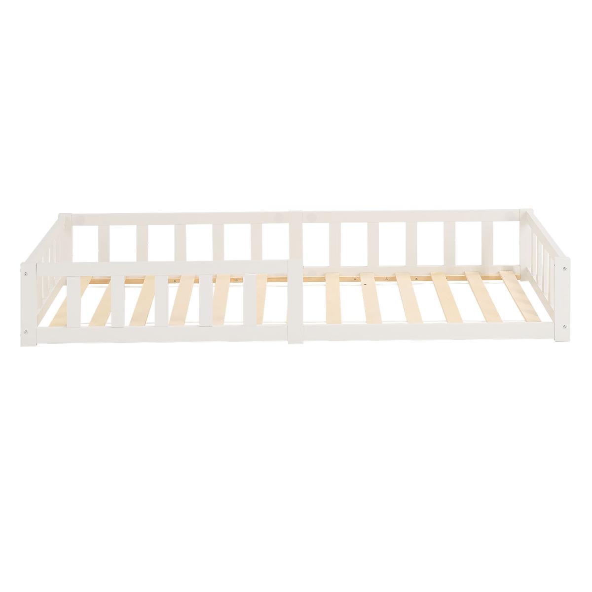 Lit enfant Montessori 90x200 cm blanc, bois massif, sommier, barrière, entrée réversible