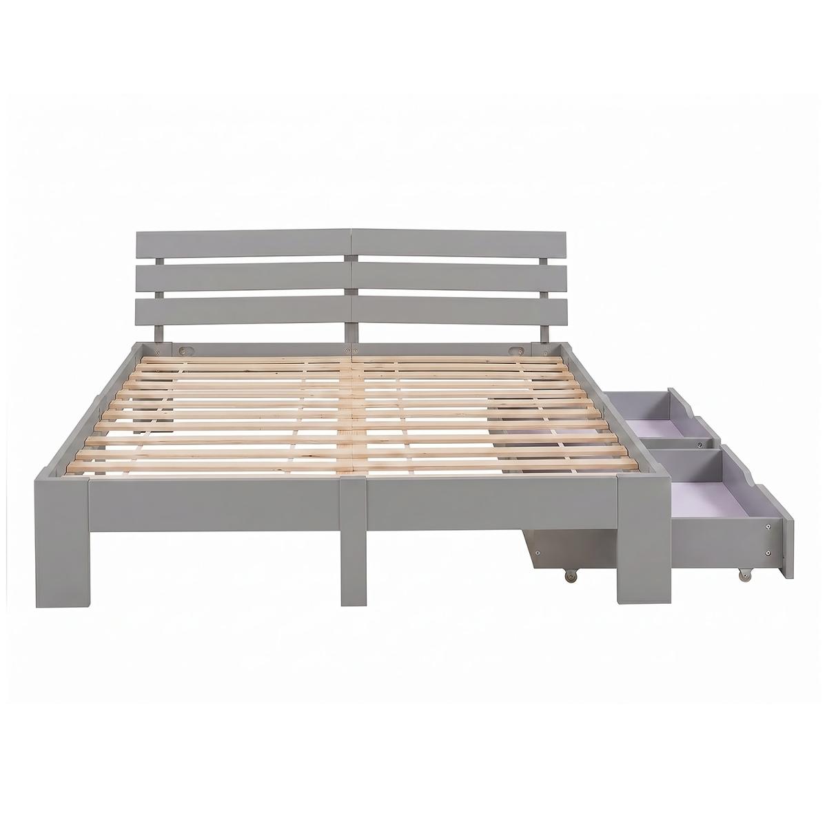 Lit double 140x200 cm gris en pin massif, 2 tiroirs de rangement et sommier a lattes