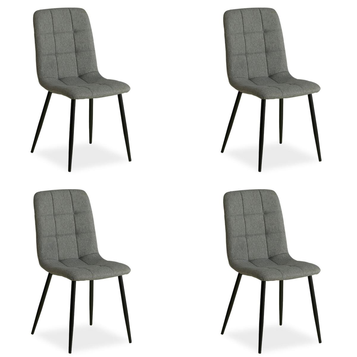 Lot de 4 chaises de salle a manger en tissu aspect lin gris, pieds metal noir