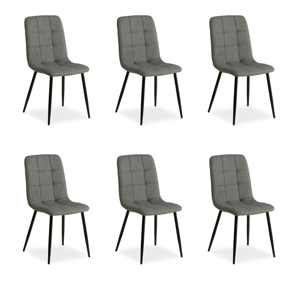 Lot de 6 chaises de salle a manger en tissu aspect lin gris, pieds metal noir