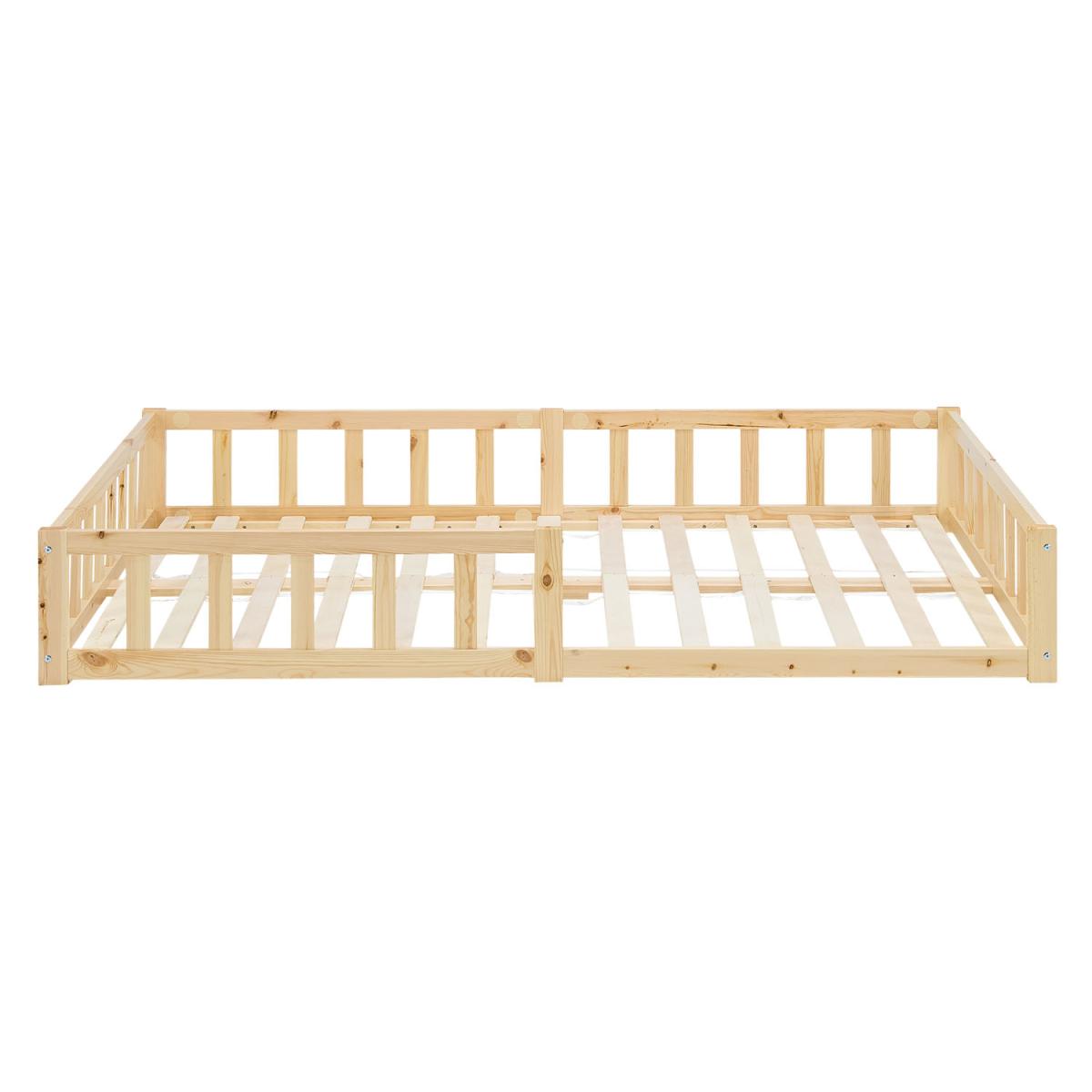 Lit enfant Montessori 120x200 cm naturel, pin massif, sommier, barrière, entrée réversible