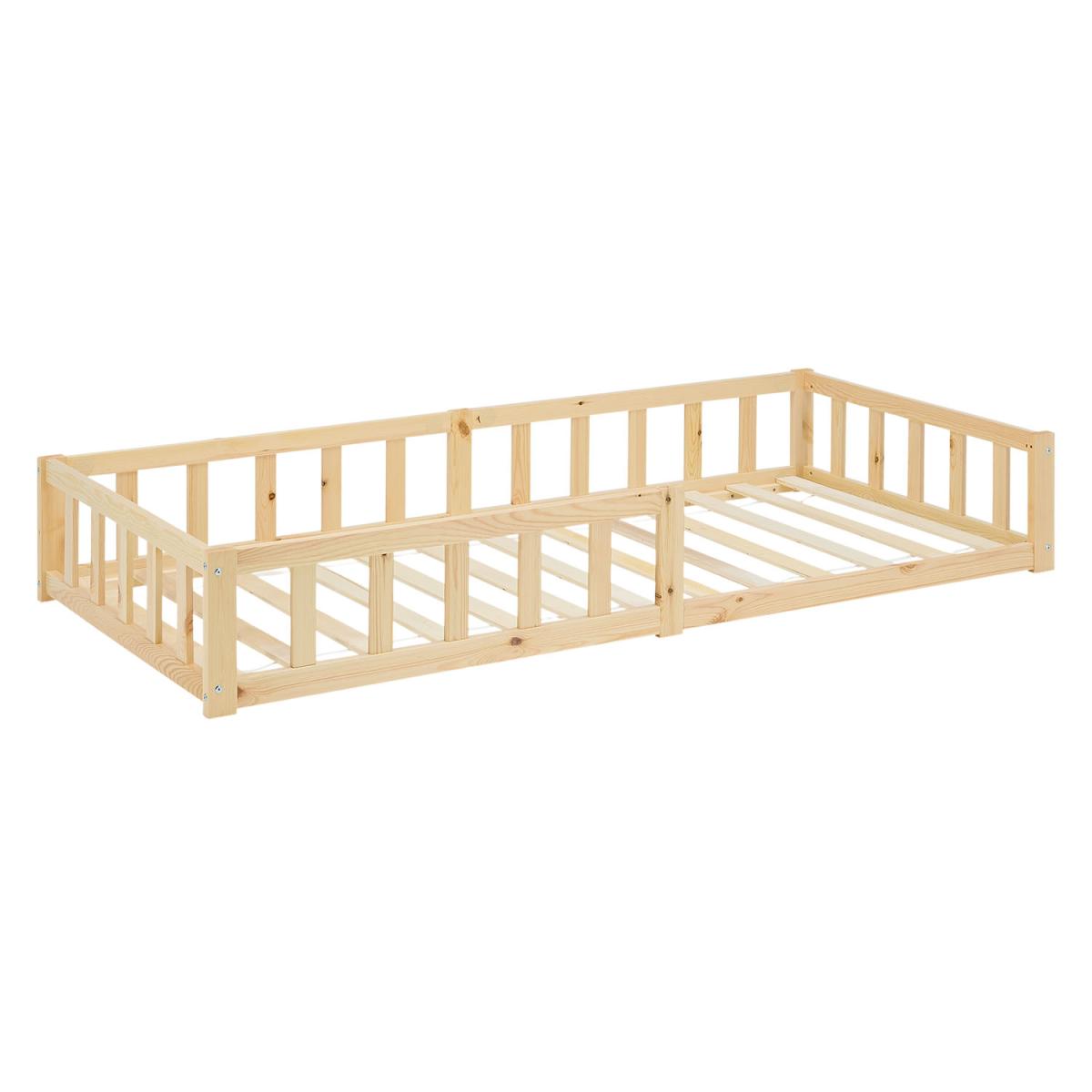 Lit enfant Montessori 90x200 cm naturel, pin massif, sommier, barrière, entrée réversible