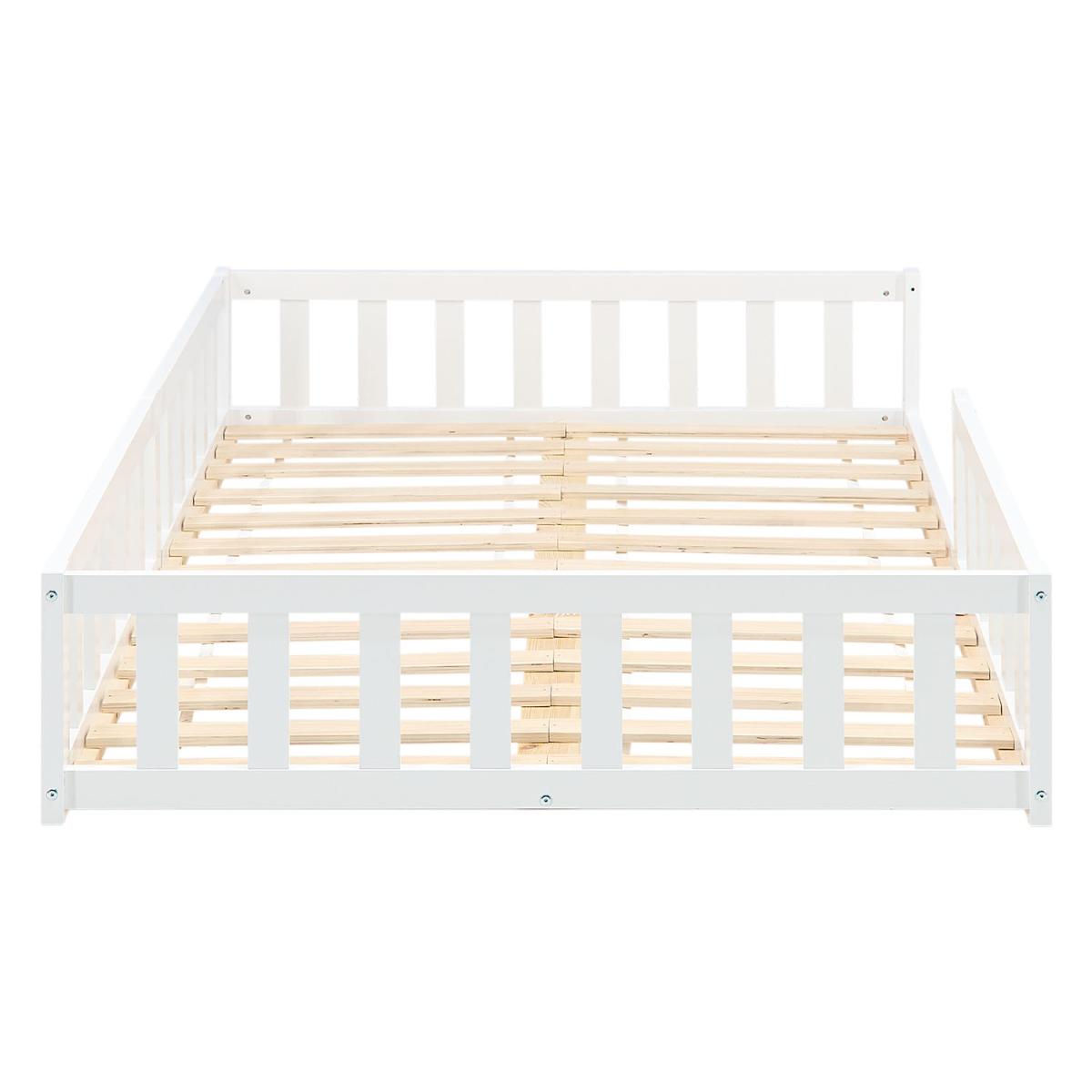 Lit enfant Montessori 120x200 cm blanc, bois massif, sommier, barrière, entrée réversible