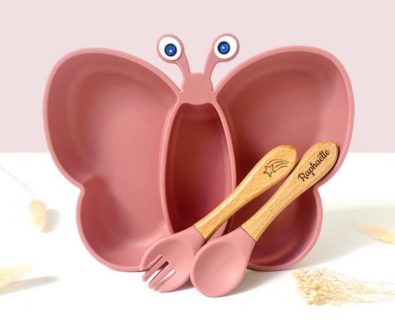 Set repas et couvert Papillon pour enfant Rose