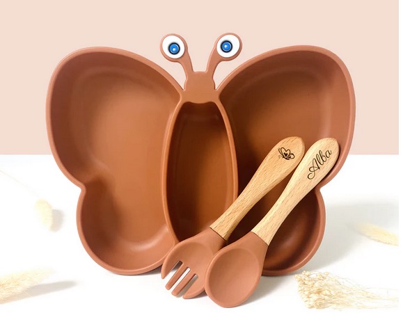 Set repas et couvert Papillon pour enfant Ocre