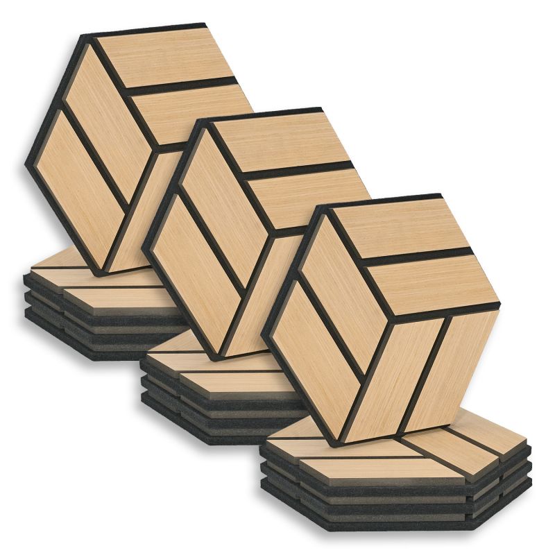 12 Panneaux muraux 30x26 hexagone naturel bois