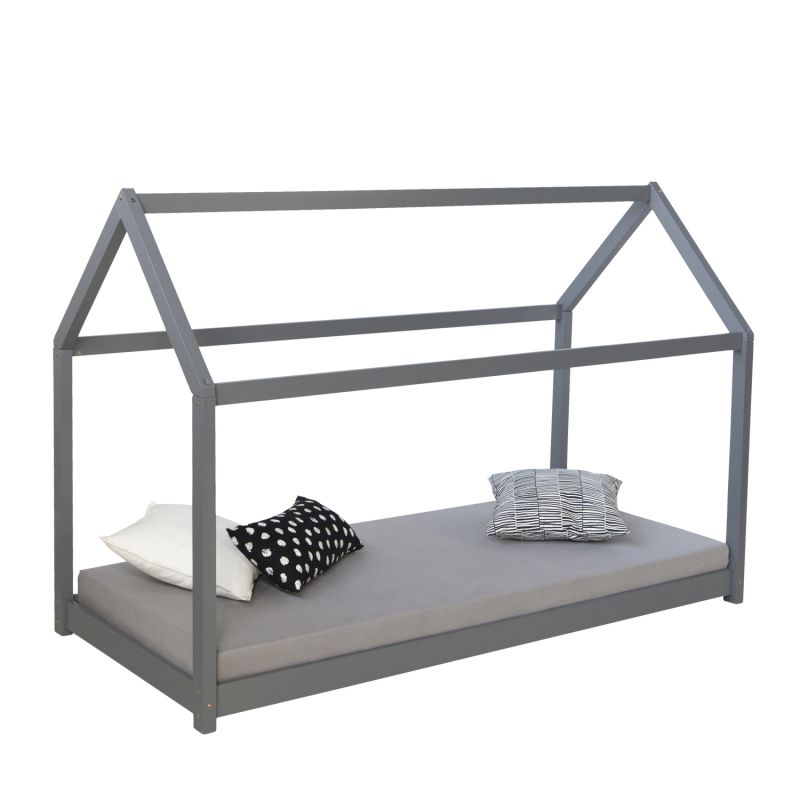 Lit enfant 80x160 gris cabane matelas