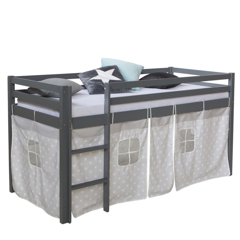 Lit mi-haut 90x200 gris sommier pin étoiles