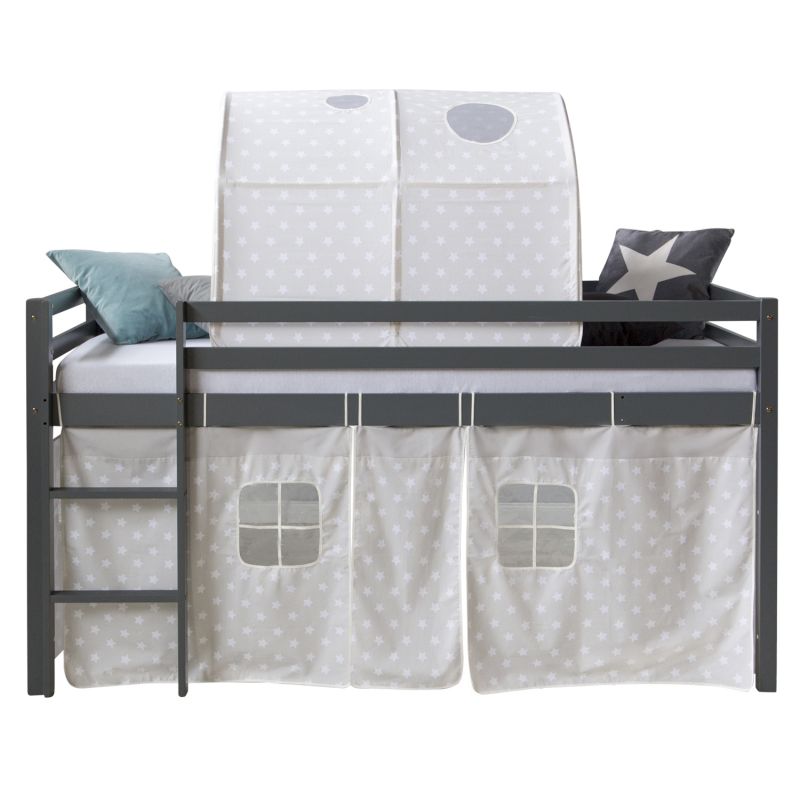 Lit mi-haut 90x200 gris sommier pin tunnel étoiles