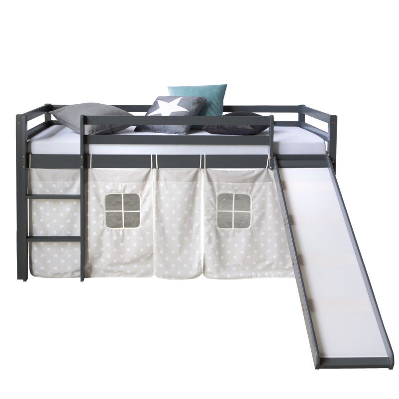 Lit mi-haut toboggan 90x200 gris sommier pin étoiles