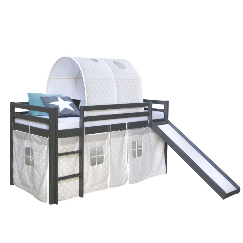 Lit mi-haut toboggan 90x200 gris pin tunnel étoiles