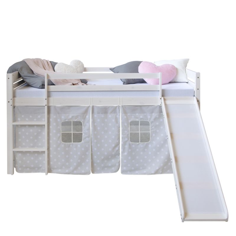 Lit mi-haut toboggan 90x200 sommier pin étoiles grises