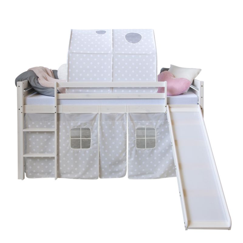Lit mi-haut toboggan 90x200 sommier pin tunnel étoiles grises