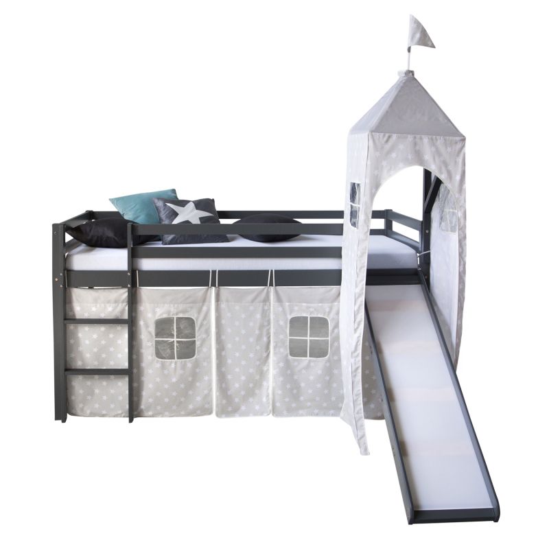 Lit mi-haut toboggan tour 90x200 gris pin étoiles