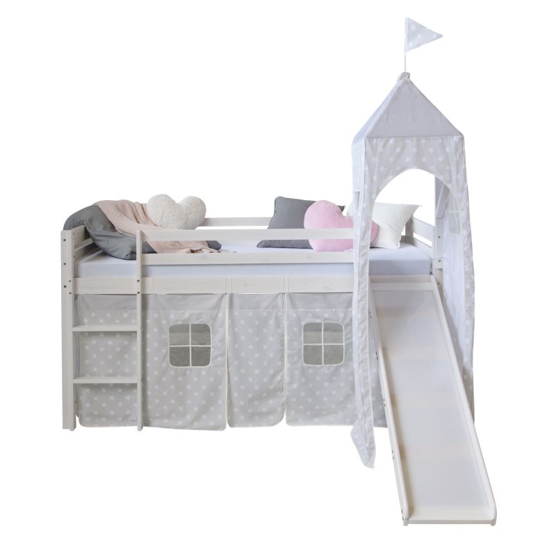 Lit mi-haut toboggan tour 90x200 sommier pin étoiles grises