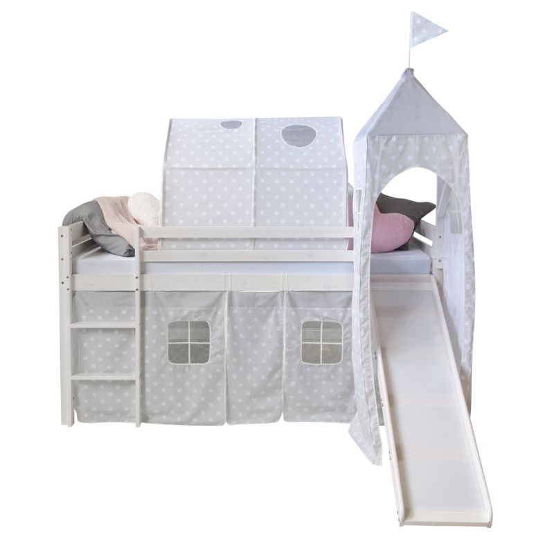 Lit mi-haut toboggan tour 90x200 sommier pin tunnel gris