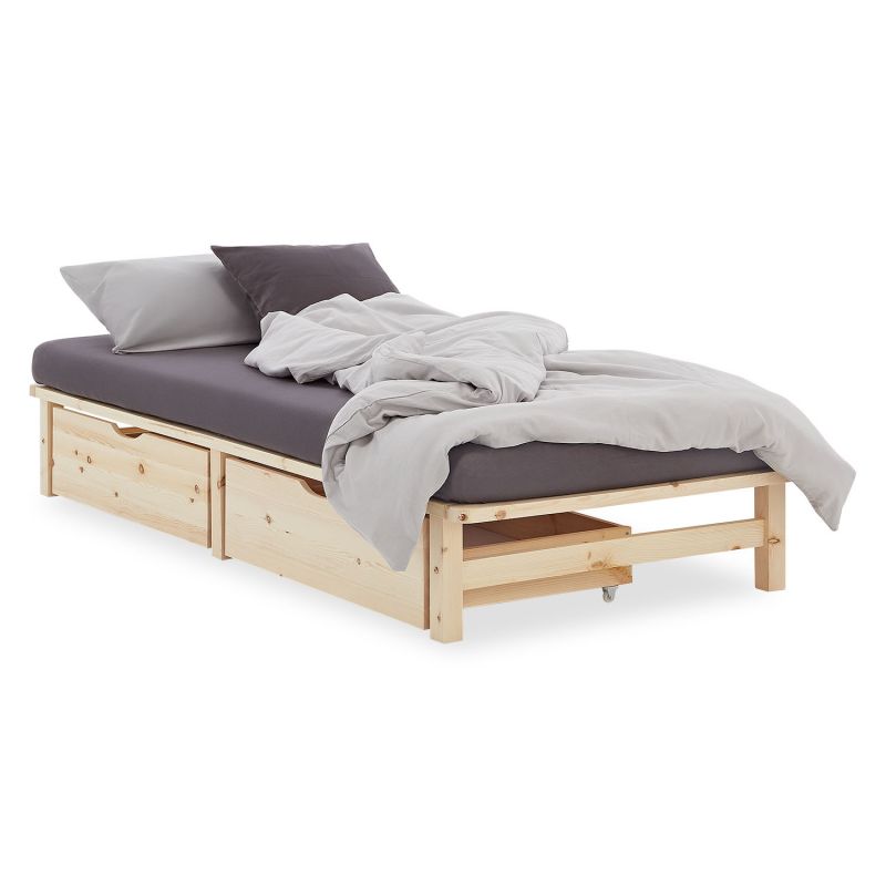 Lit simple 100x200 2 tiroirs bois naturel palette