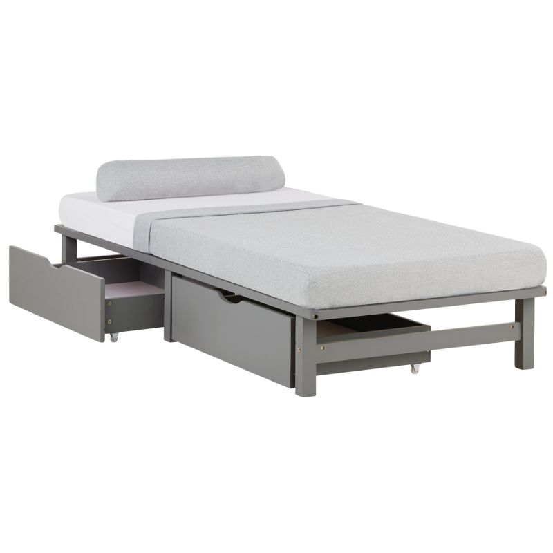 Lit simple 90x200 matelas 2 tiroirs bois gris