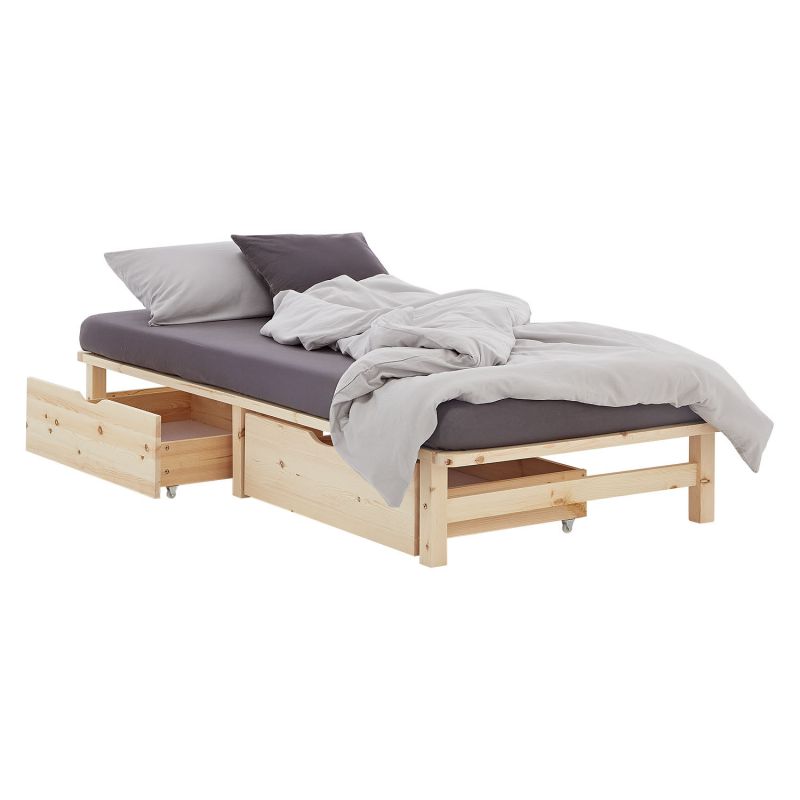 Lit simple 90x200 matelas 2 tiroirs bois naturel