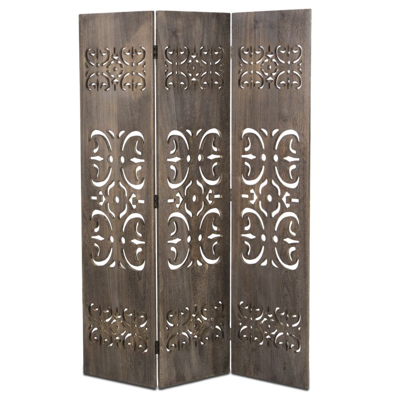 Paravent 3 pans bois écran marron sculpté