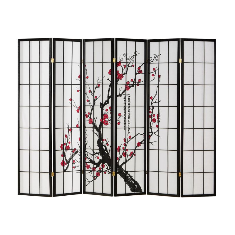 Paravent bois 6 pans noir Shoji fleurs