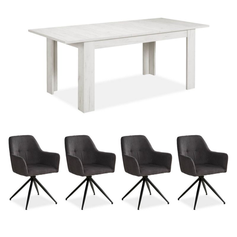 Table repas blanc lavé 160x90 4 chaises gris