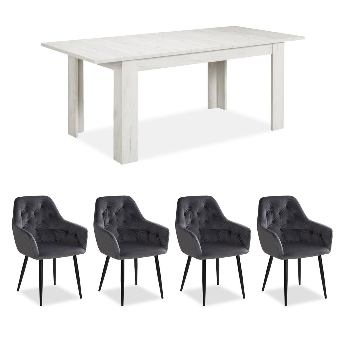 Table repas blanc lavé 160x90 4 chaises velours gris