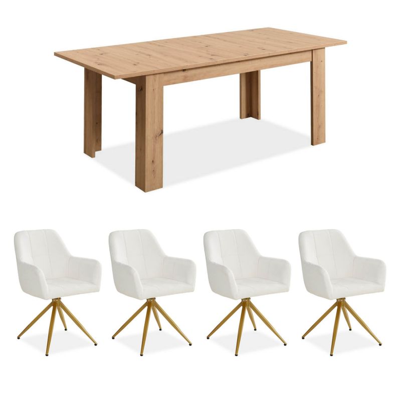Table repas chêne 160x90 4 chaises bouclé beige