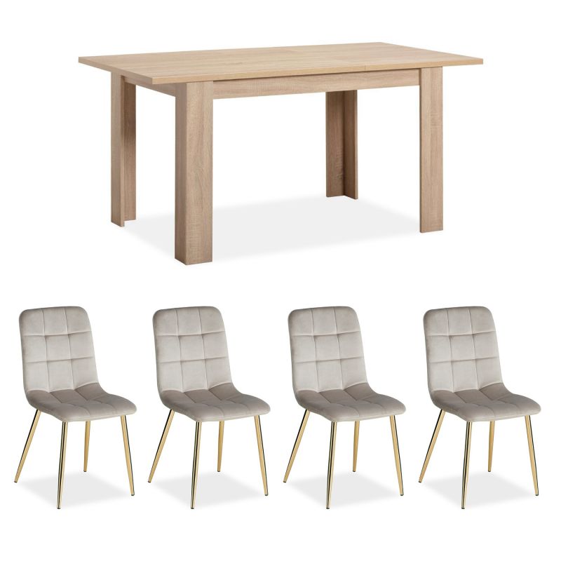 Table repas chêne Sonoma 120x80 4 chaises velours crème