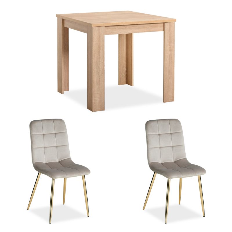 Table repas chêne Sonoma 80x80 2 chaises velours crème