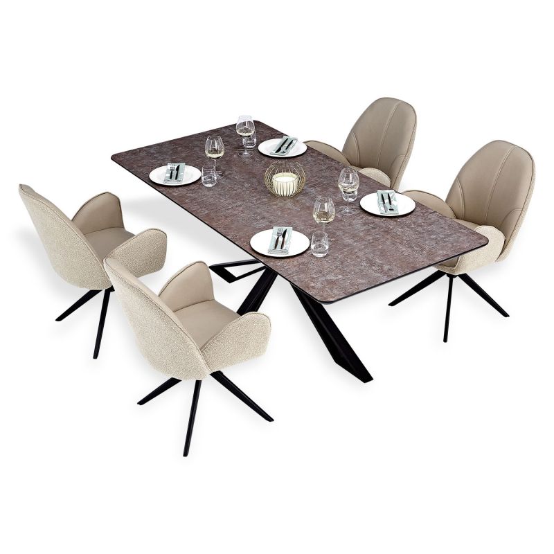 Table salle à manger 200x100 marron noir 4 chaises beige