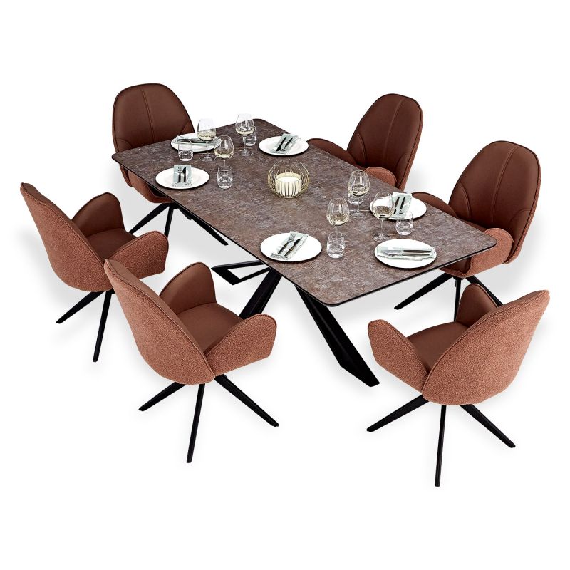 Table salle à manger 200x100 marron noir 6 chaises beige