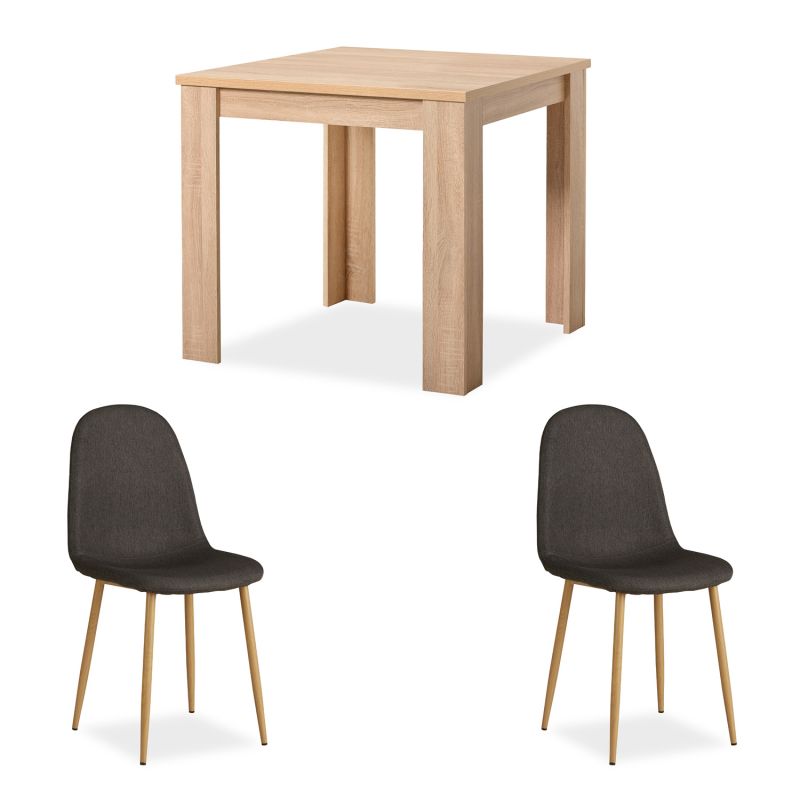 Table salle à manger 80x80 2 chaises anthracite chêne