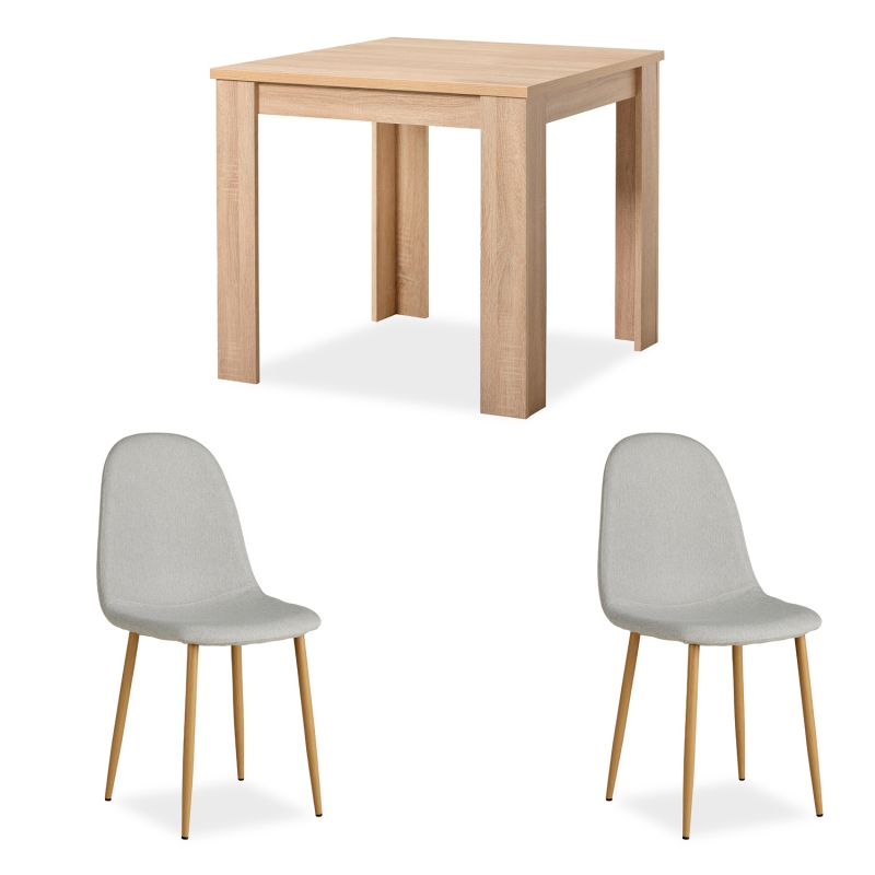 Table salle à manger 80x80 2 chaises grises chêne