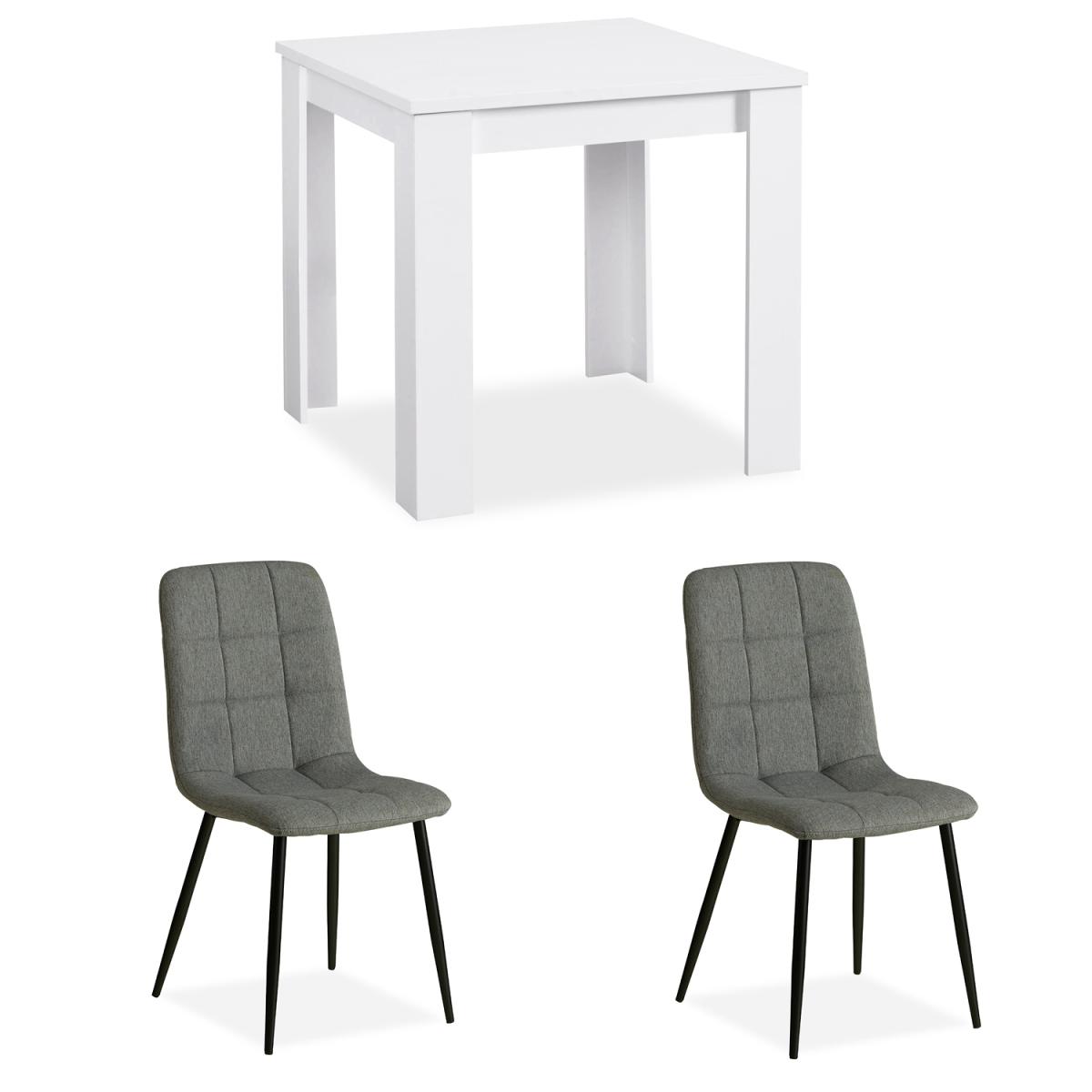 Ensemble repas table blanche 80x80 cm et 2 chaises grises, pieds metal noir