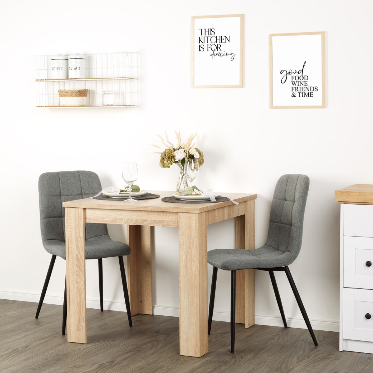 Ensemble repas table aspect chene 80x80 cm et 2 chaises grises, pieds metal noir