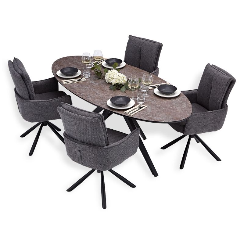 Table salle à manger ovale marron noir 4 chaises anthracite