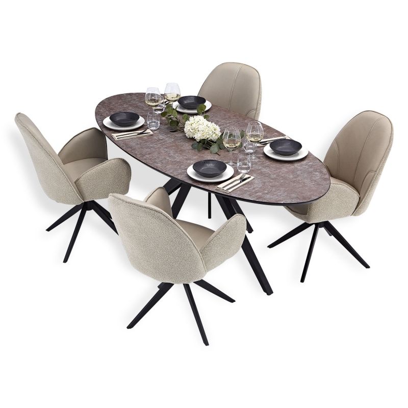 Table salle à manger ovale marron noir 4 chaises beige