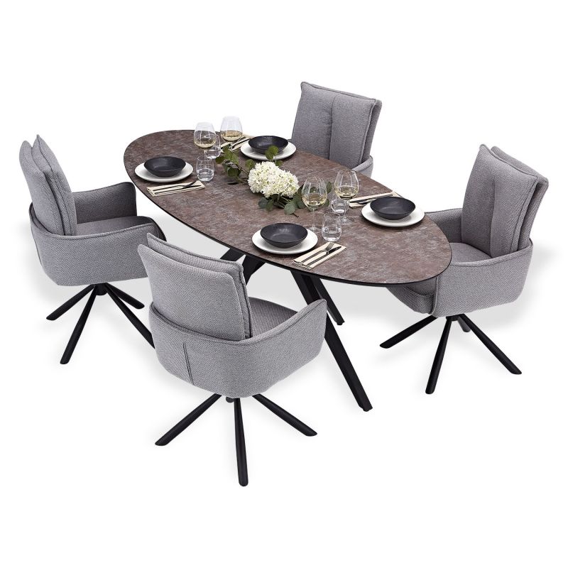 Table salle à manger ovale marron noir 4 chaises grises